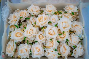 Delicate peach roses arranged in elegant bouquets with greenery accents.