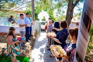 Outdoor garden party with guests gathering under trees and shade.