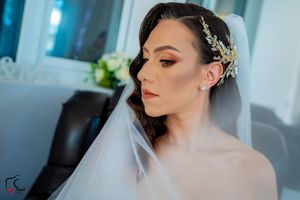Side profile bridal portraits featuring intricate hair accessories and flowing veil.