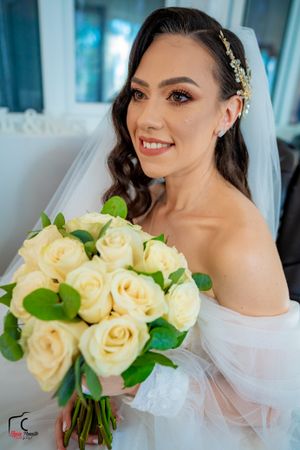Elegant bridal photo sequence featuring pale yellow roses and delicate wedding day accessories.