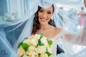 Wedding photography sequence showing bride with veil and yellow rose bouquet.