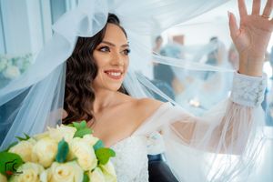 Artistic wedding photo series featuring white veil and cream rose bouquet details.
