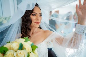 Romantic bridal portraits with soft lighting and flowing white veil.
