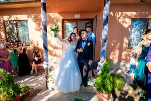 Wedding party celebrates on porch as guests look on from garden.