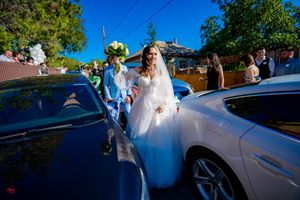 Wedding party posing near a car on a beautiful sunny day.