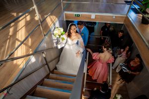 Wedding party descending elegant stairs in formal attire.