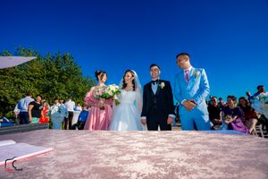 Wedding celebration group poses in formal wear against bright blue sky and water backdrop.