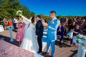 Outdoor wedding ceremony with attendants in pink dresses and blue suits against mountain backdrop.