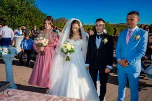 Wedding celebration outdoors with bridal party in pink dresses and formal attire against blue sky.