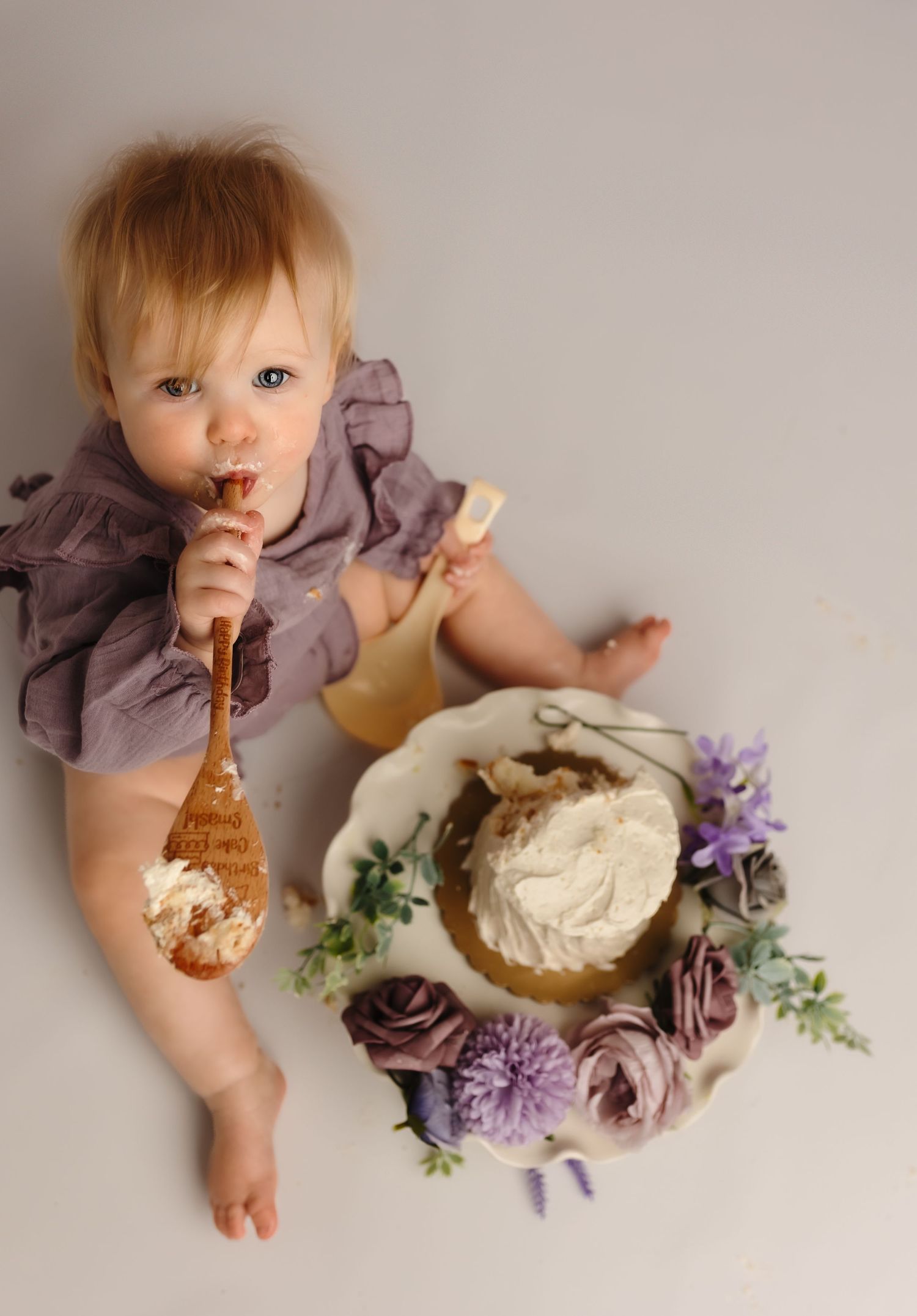 Charlottesville photographer, baby, newborn, family, maternity, baby girl in purple with messy flower cake for first birthday cake smash