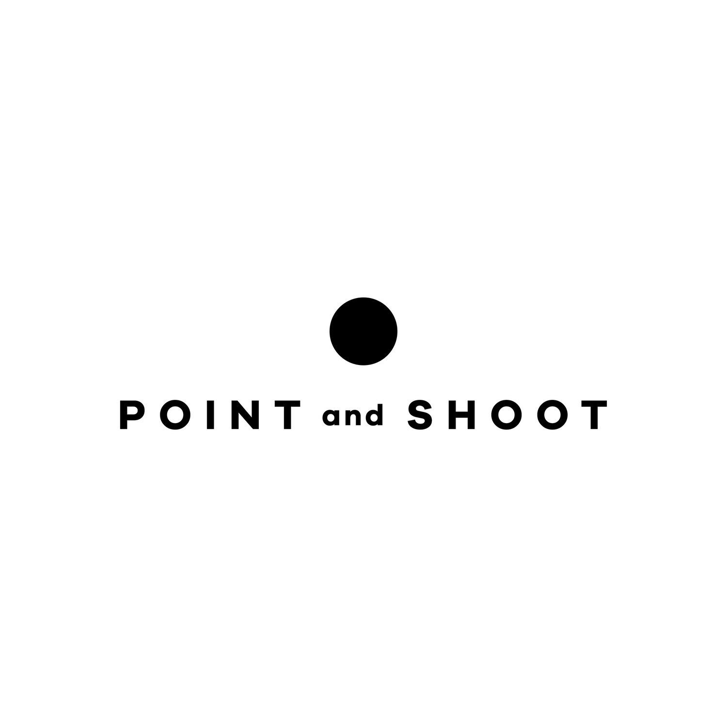 Minimalist black and white logo design with text 'POINT and SHOOT' separated by a dot.