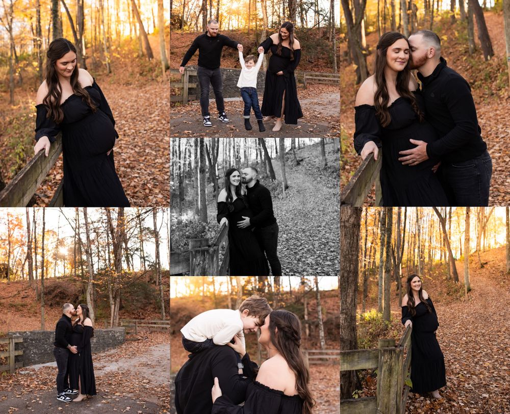 Romantic fall engagement photo collage with couple in wooded setting at sunset.