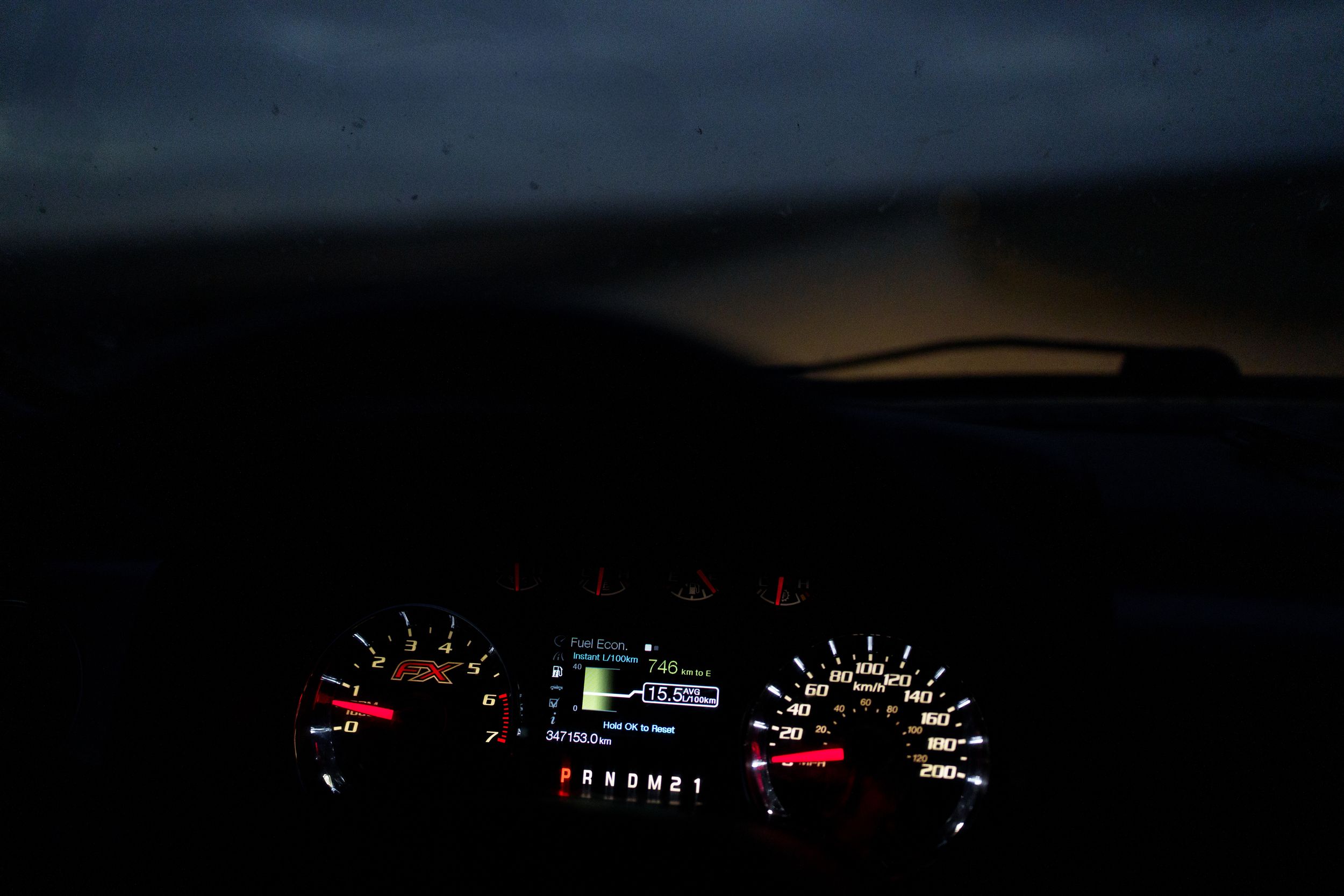 Dark silhouette of a car dashboard against a sunset sky with glowing instrument panel lights and gauges.
