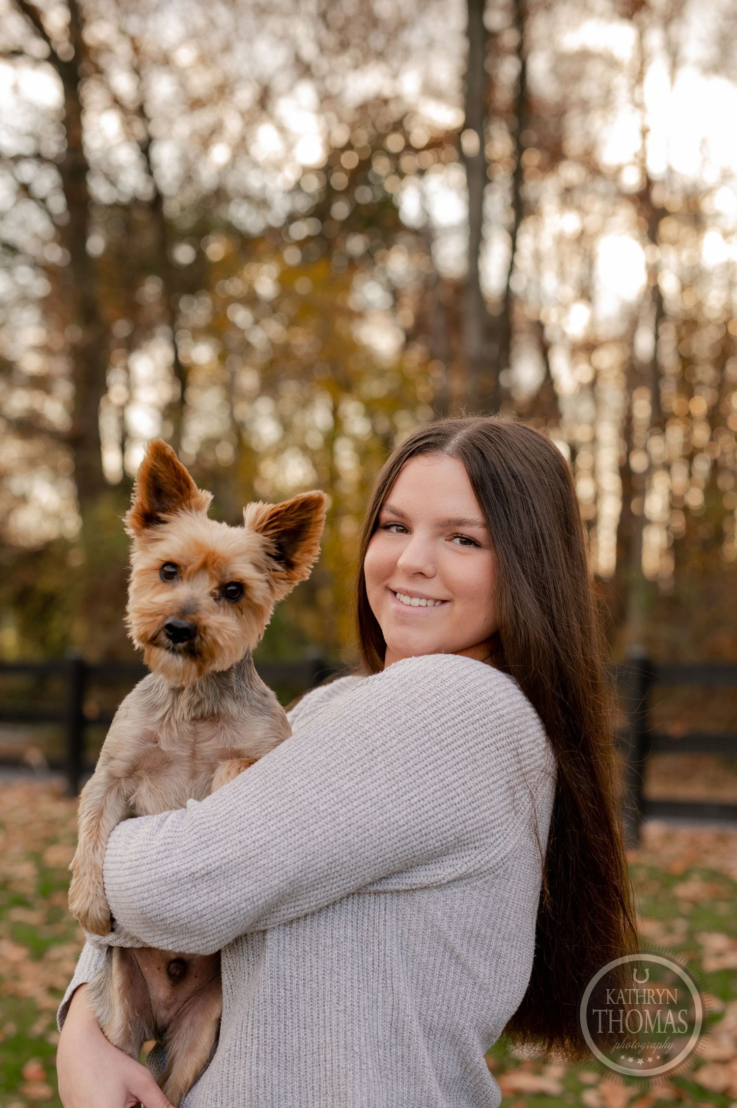 Someone holds a Yorkshire Terrier while wearing a grey sweater against an autumn forest backdrop.