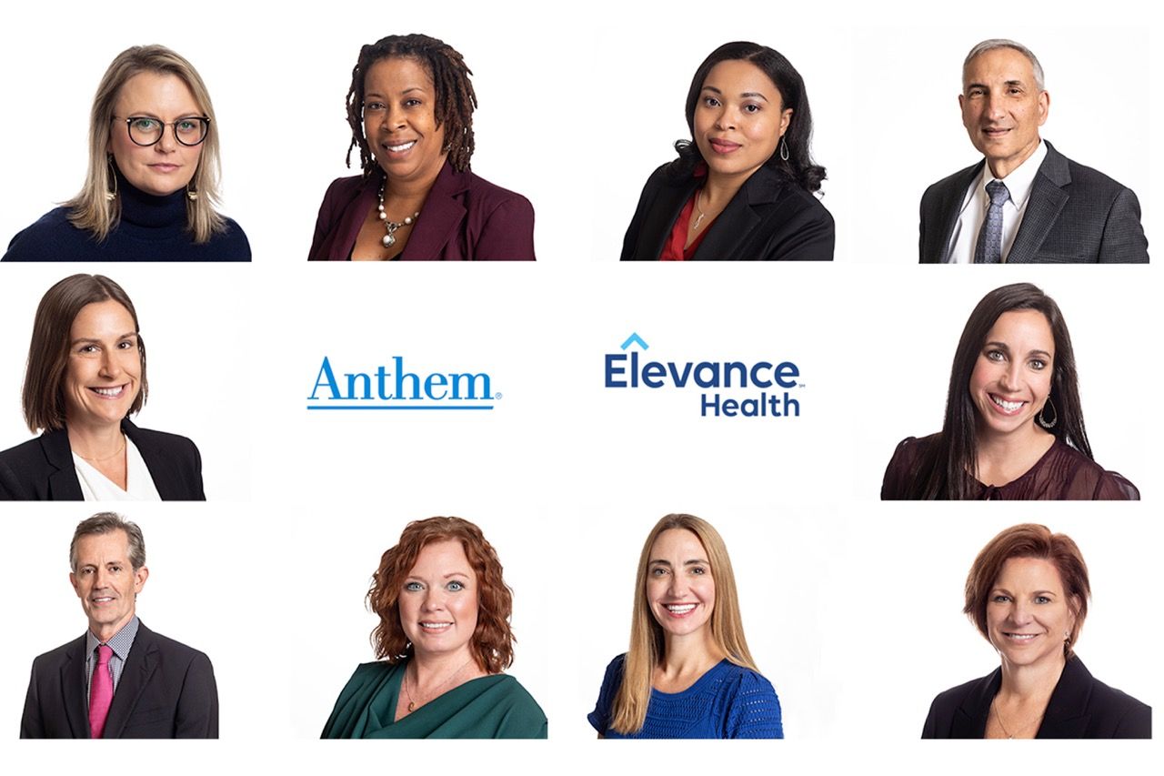 Male and female business professionals from the shoulders up against a white background with Anthem logo in middle.