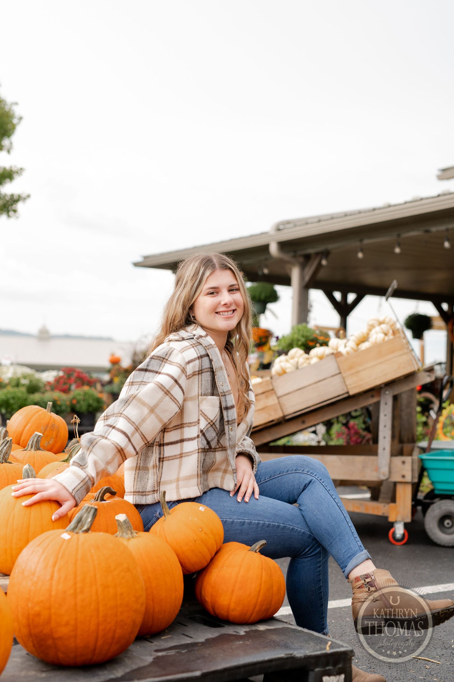 Someone in plaid sits among orange pumpkins at a rustic farm stand with string lights.