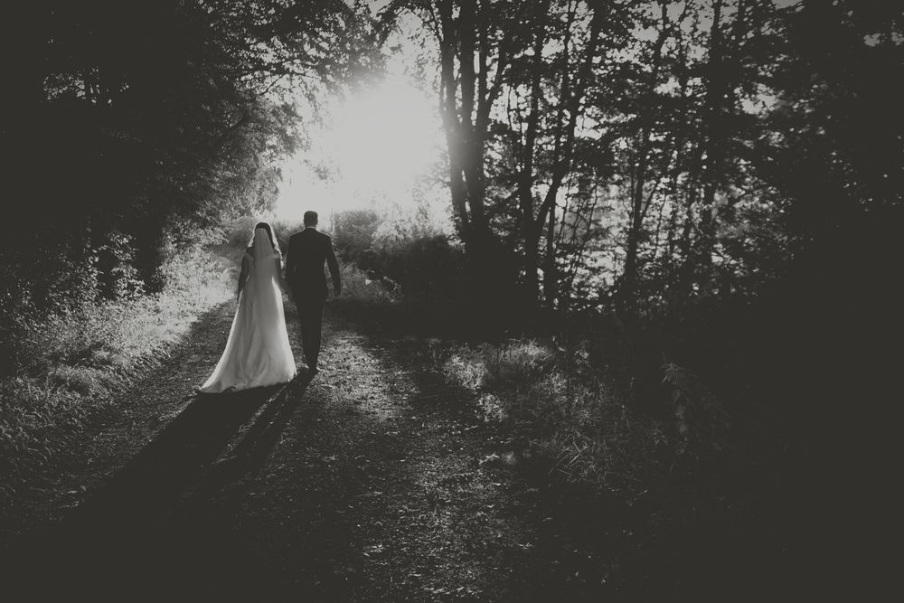 Sunlight streams through trees creating dramatic silhouettes in a forest wedding setting.