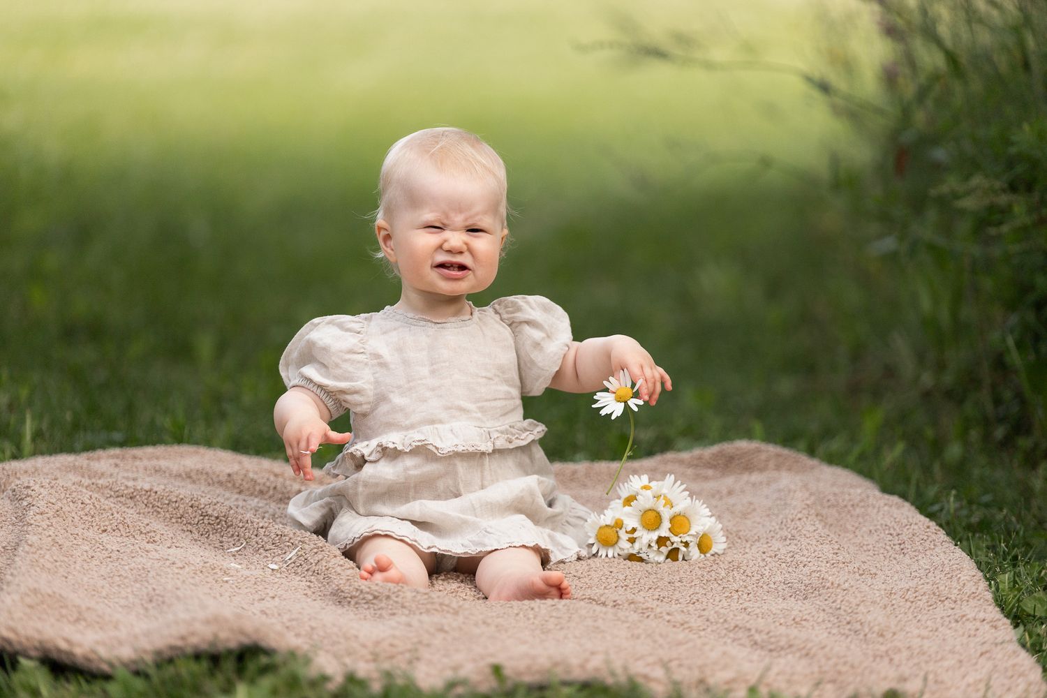 A baby in a linen dress sits on a blanket outdoors, holding daisies, with a grassy green background.
