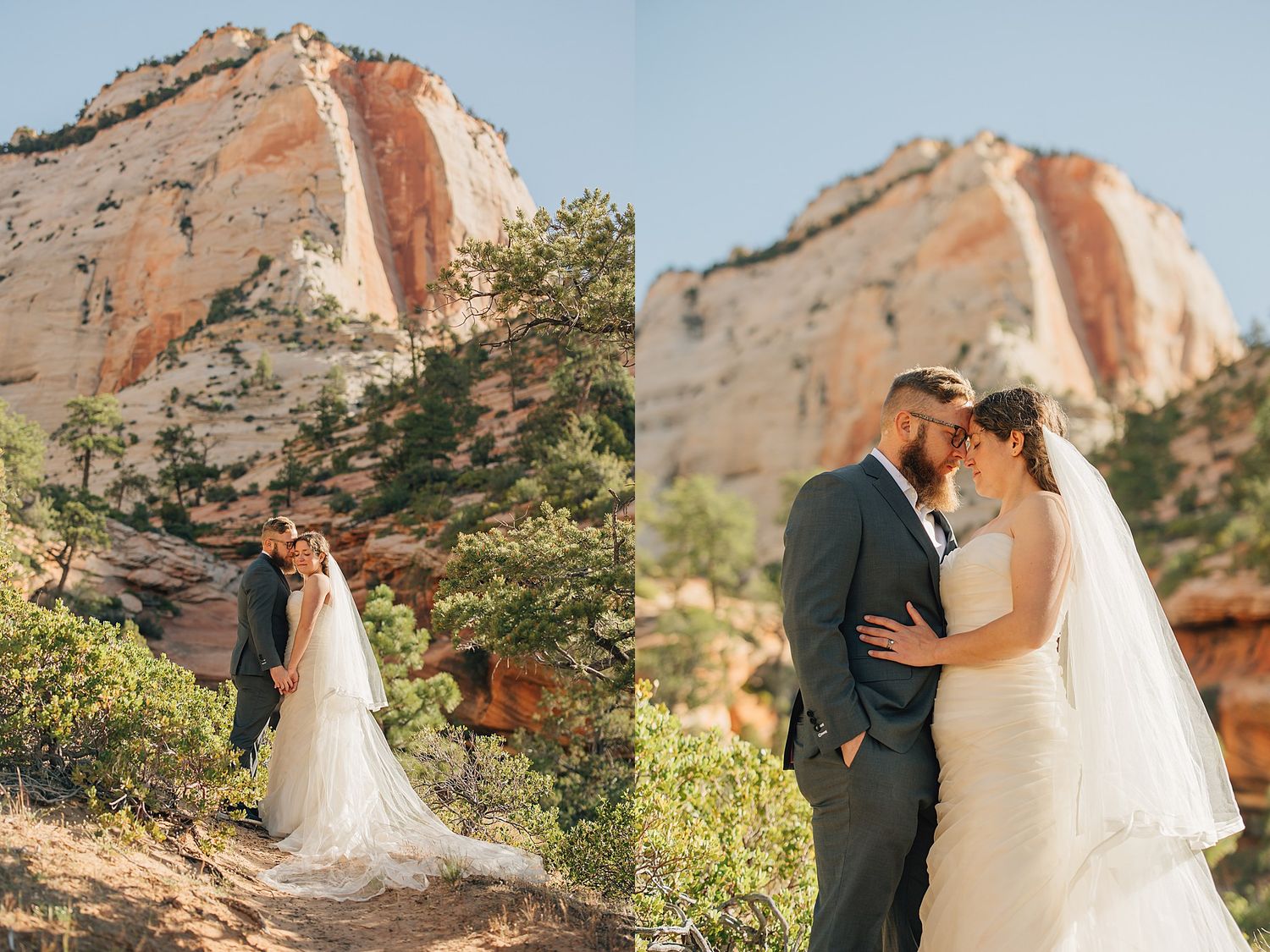 Bride and groom share a romantic kiss at Zion National Park with stunning red rock canyon cliffs in the background.