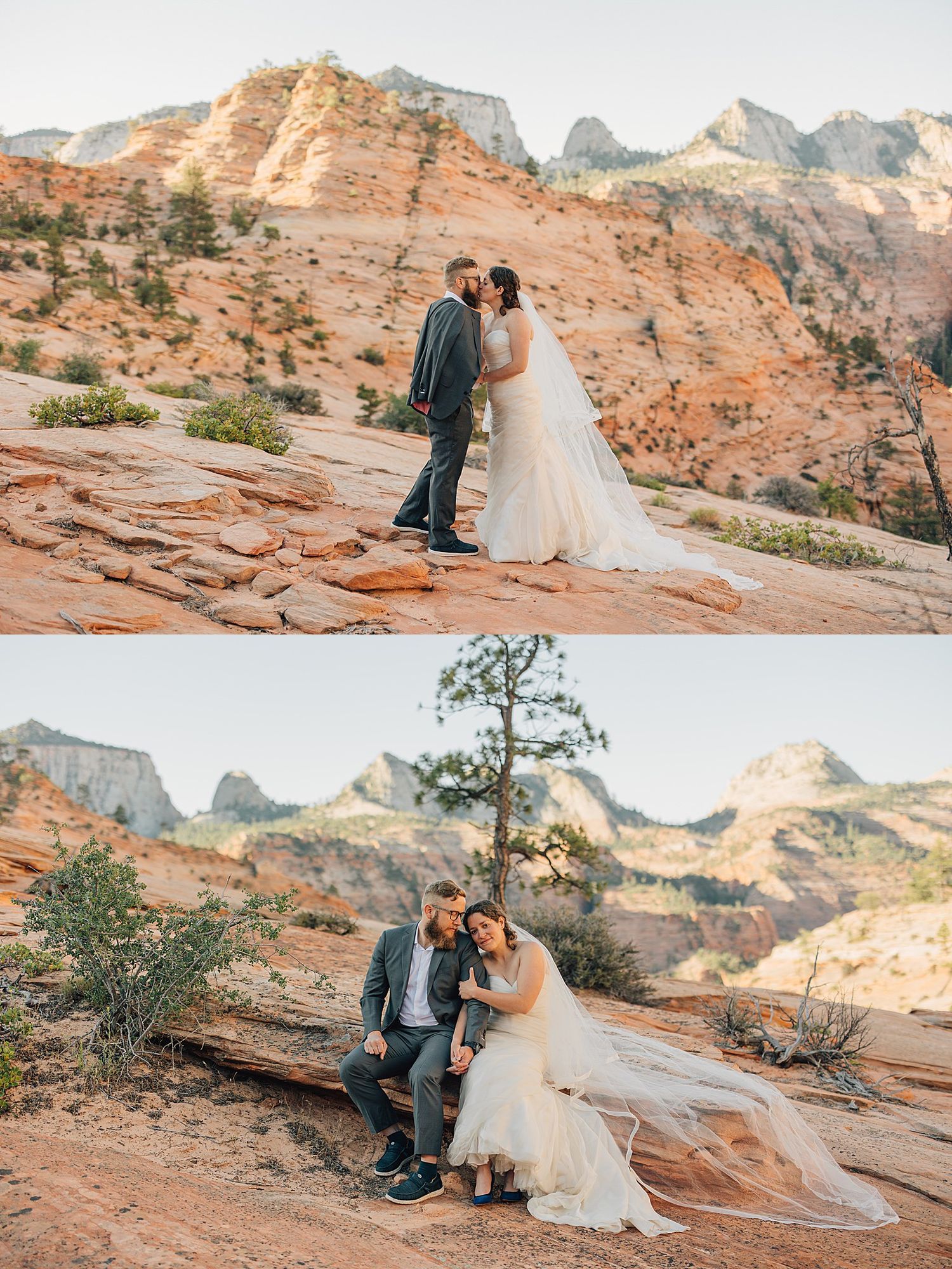 Bride and groom share a romantic moment on red rock cliffs at Zion National Park in wedding attire.