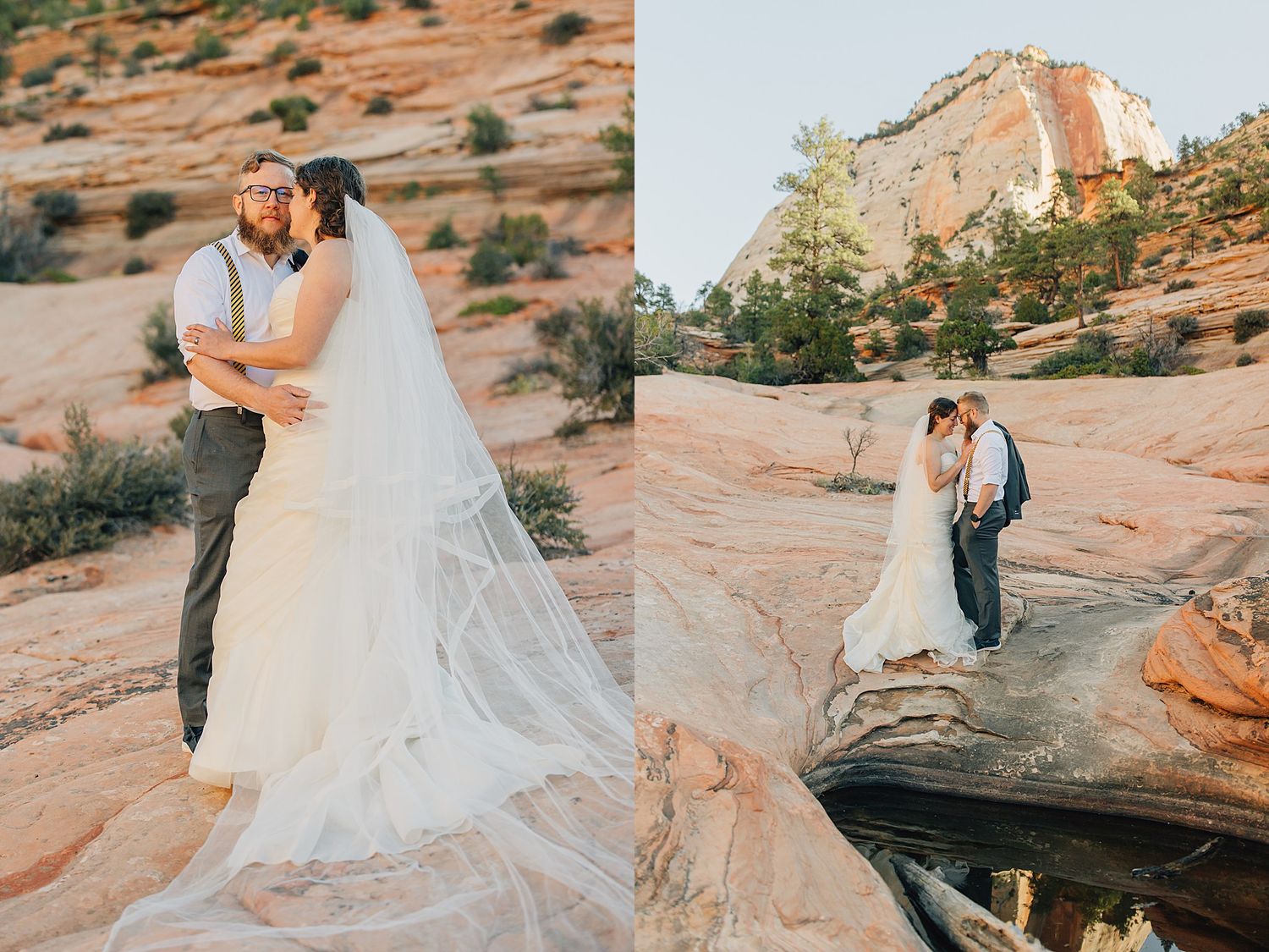 Bride and groom embrace on red rock formations at Zion National Park in a romantic desert wedding portrait.