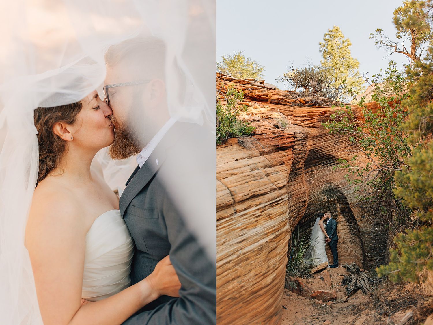 Bride and groom kissing under a flowing veil, with a second photo of the couple embracing in a red rock arch at Zion National Park.