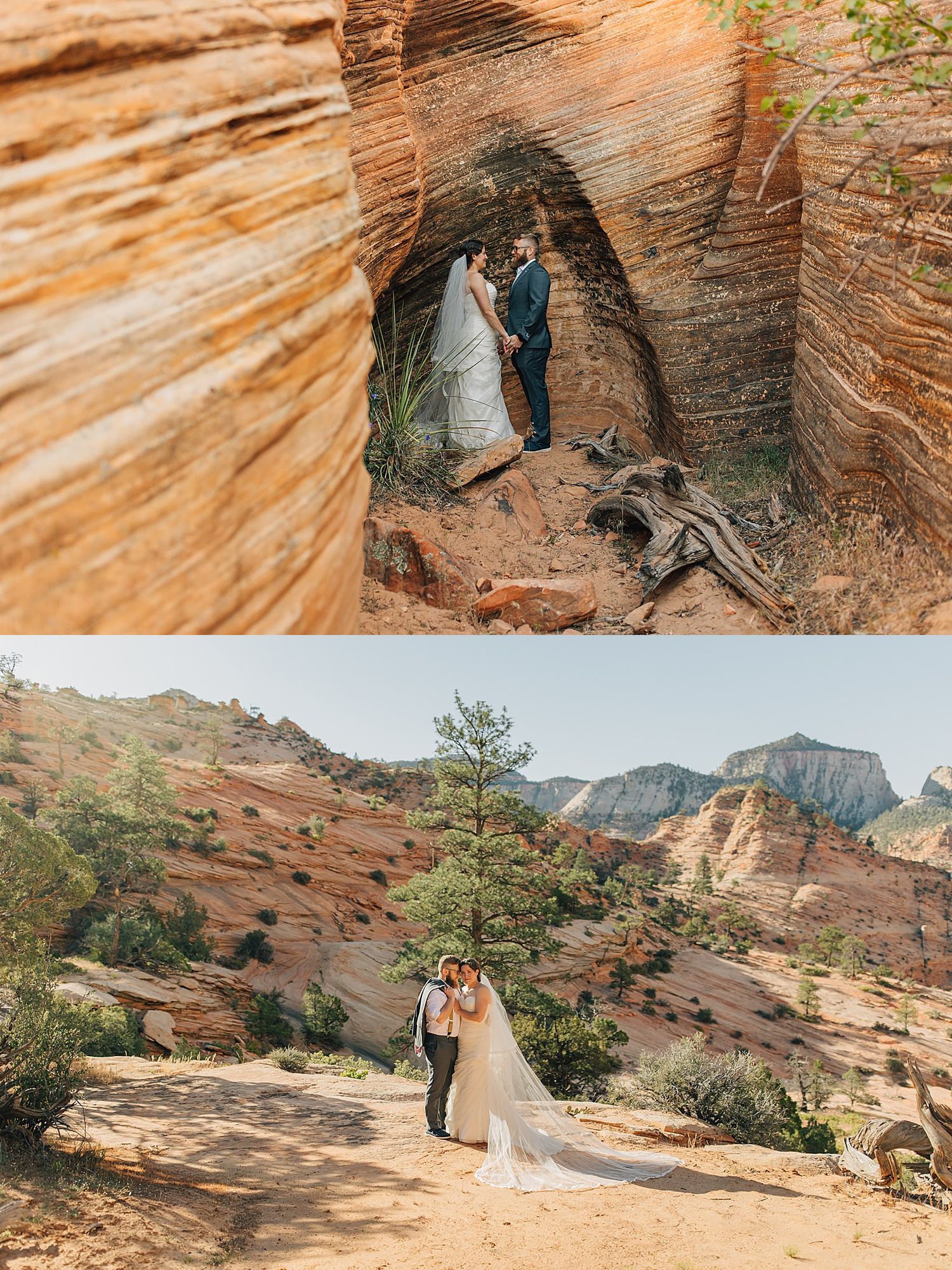 Bride and groom elope at Zion National Park, posing in a red rock alcove and walking among sandstone canyon landscapes.