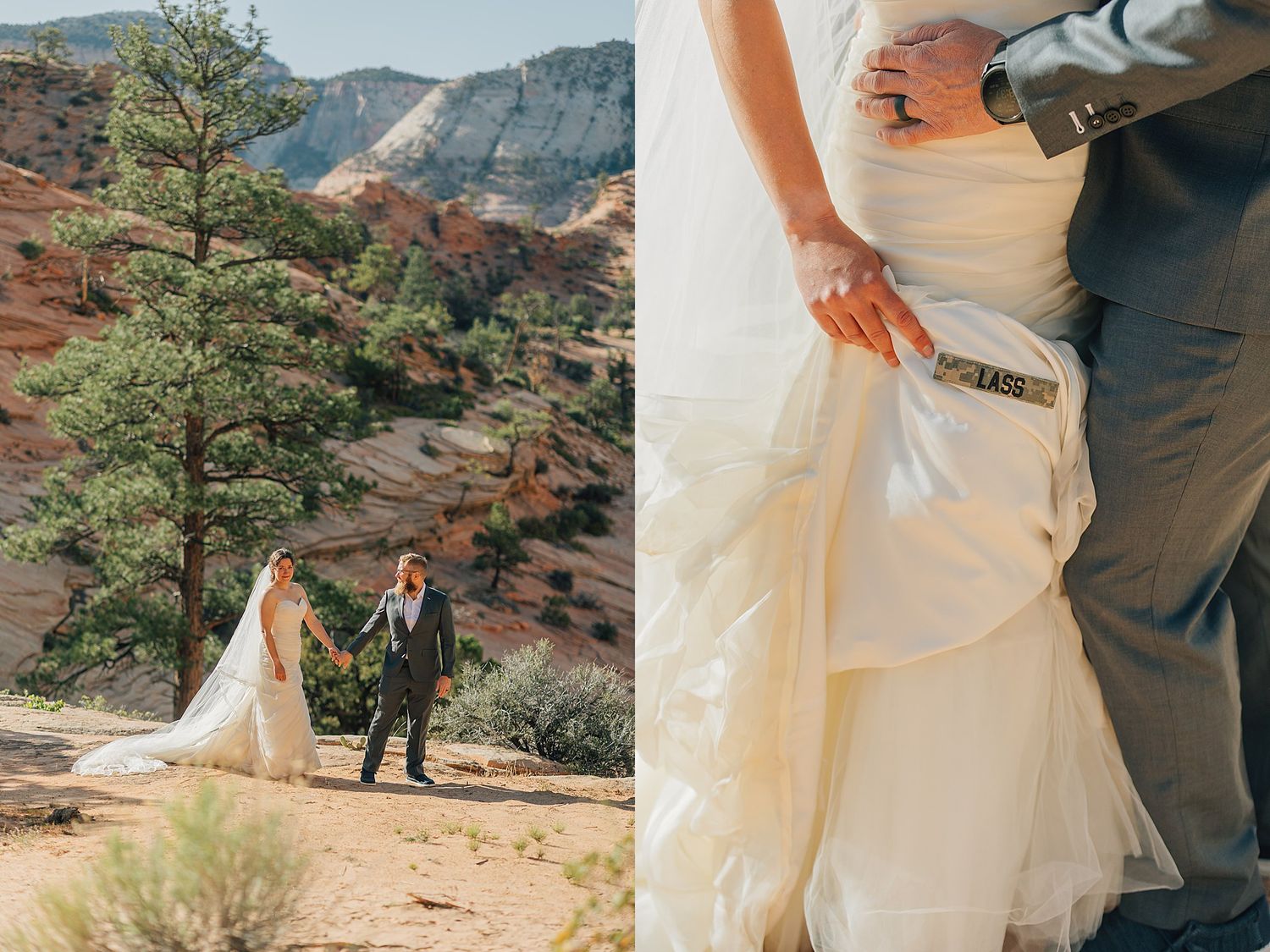 Bride and groom holding hands on a scenic red rock overlook at Zion National Park.