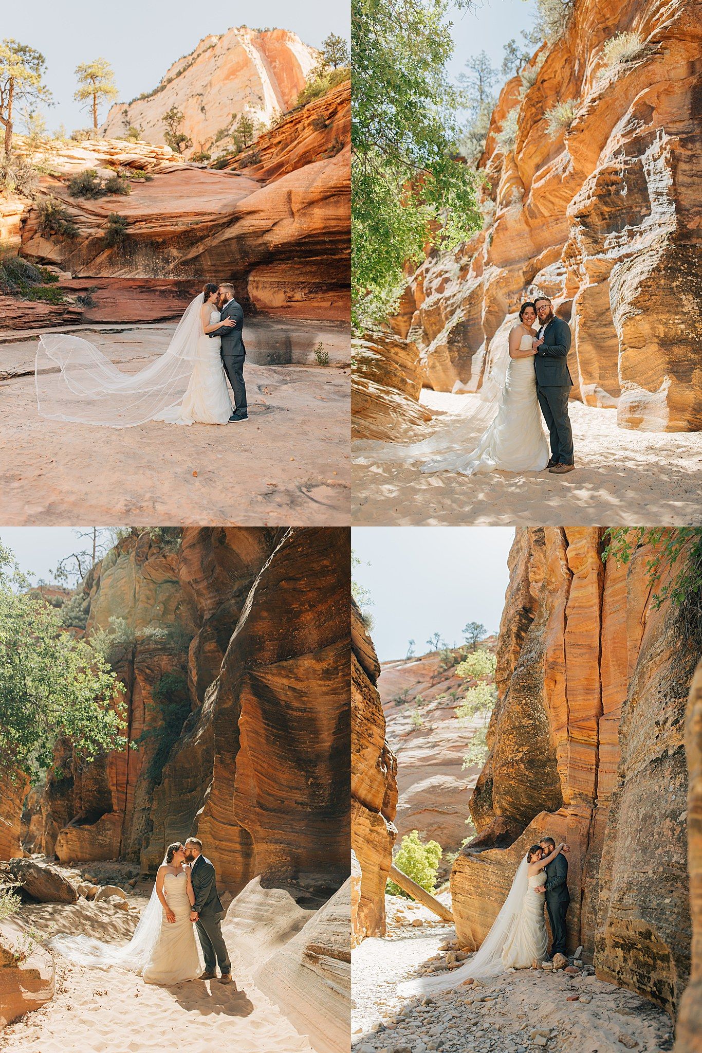 Bride and groom pose together in Zion National Park canyon with red rock walls and flowing wedding veil.
