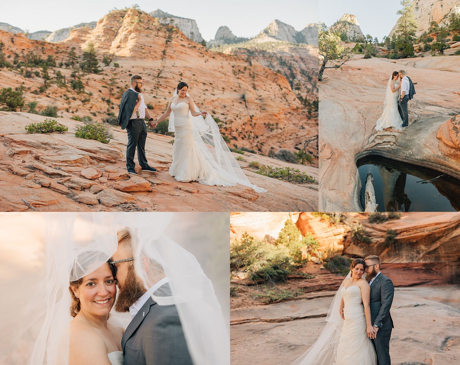 Bride and groom pose among red rock formations at Zion National Park in stunning wedding attire with mountain views.