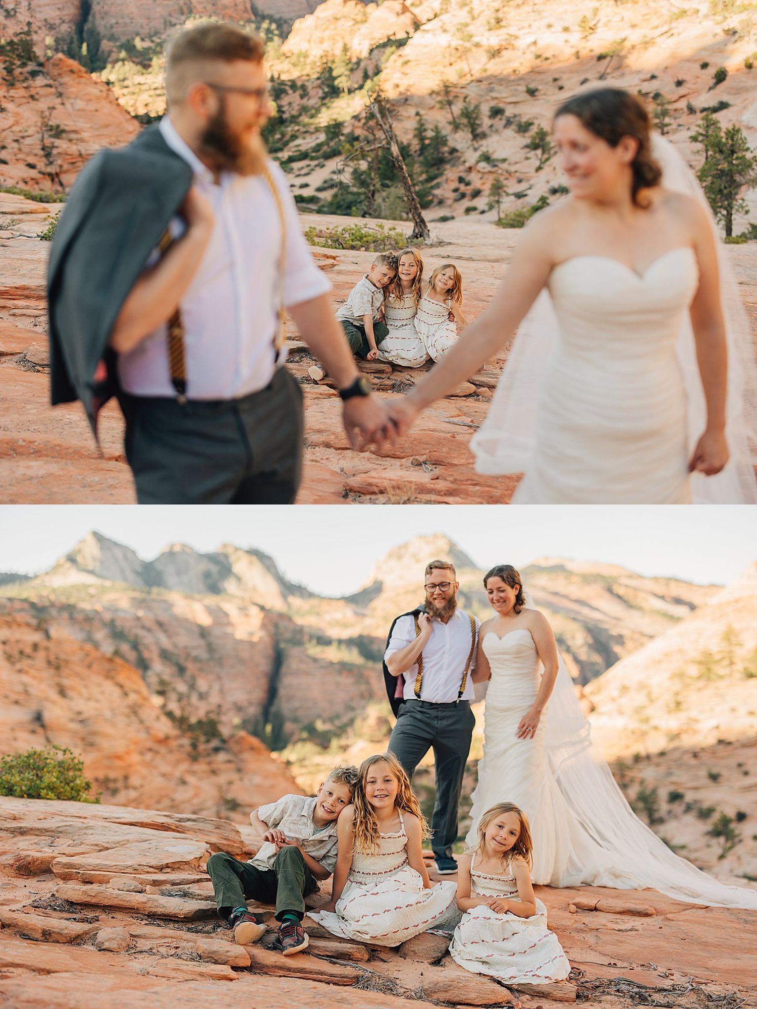 Bride and groom hold hands on red rock cliffs at Zion National Park with their children seated behind them.