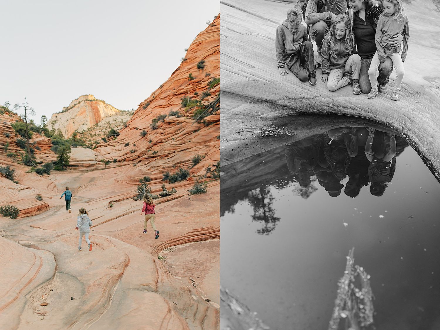 Hikers exploring red rock formations at Zion National Park with a group reflection in a puddle.