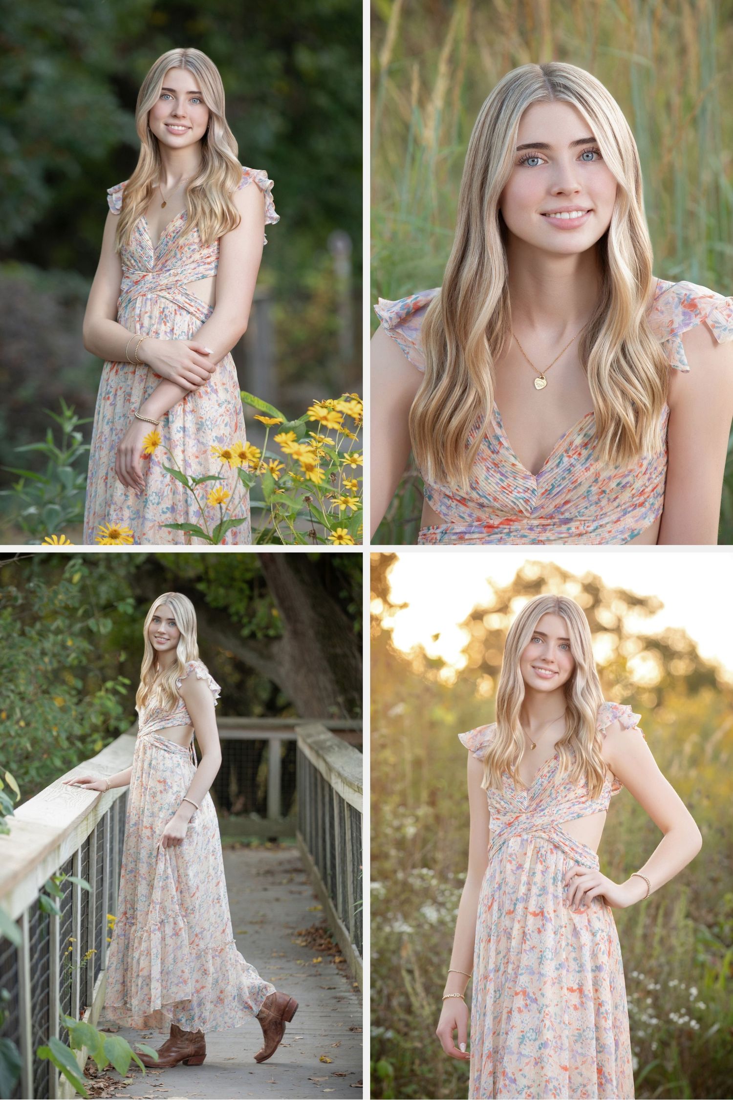Worthington Kilbourne senior photos at Scioto Audubon featuring a floral dress, nature trails, golden light, and Columbus Ohio scenery.
