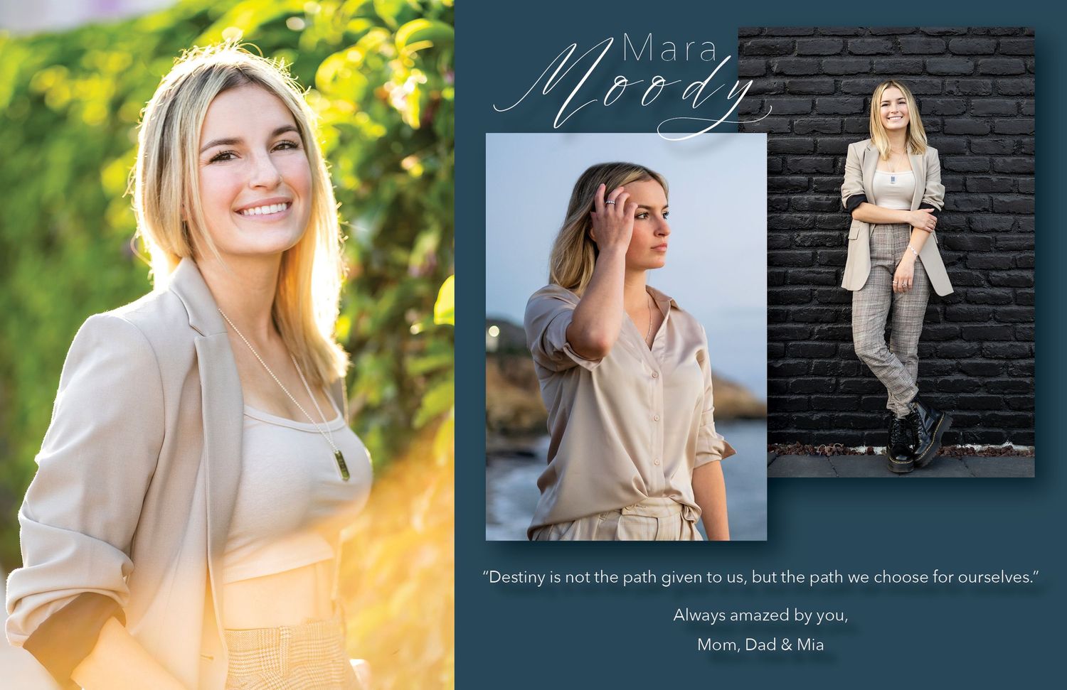Professional portfolio collage of Mara Moody, a blonde woman in two elegant poses against neutral and brick backgrounds.