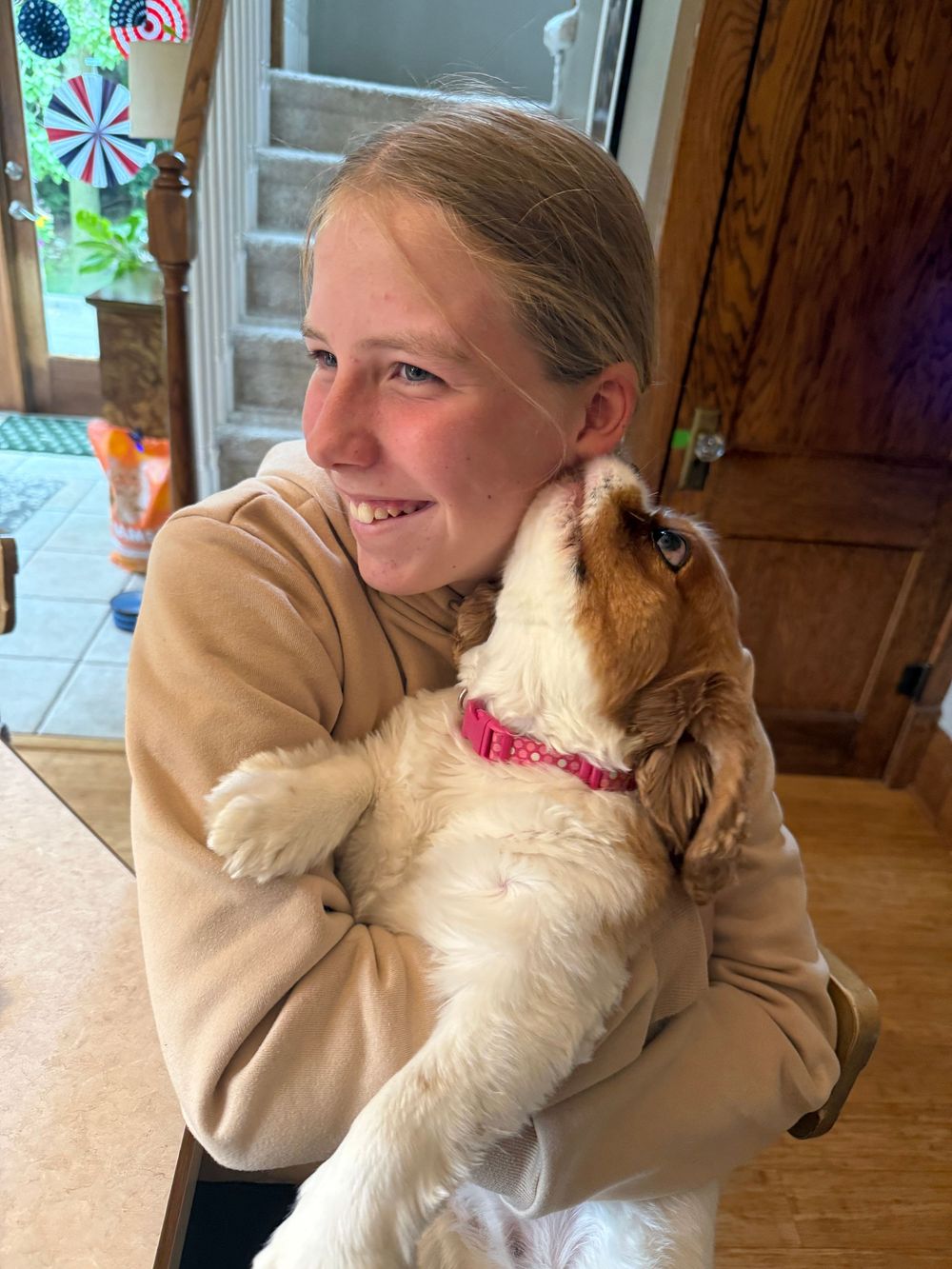 A smiling girl in a beige hoodie cuddles an adorable Cavalier King Charles Spaniel puppy wearing a pink collar.