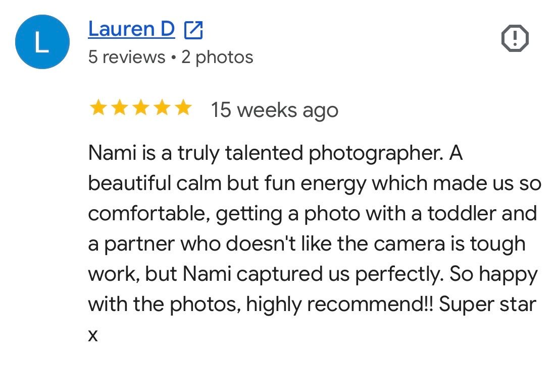 Heartfelt client testimonial message praising photographer for magical shoot experience and beautiful energy.