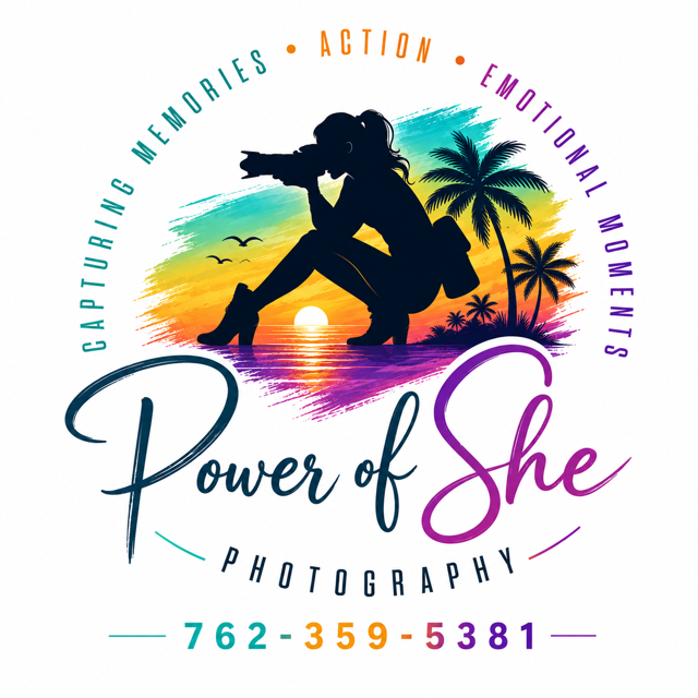Power of She Photography logo featuring a silhouette woman photographer, palm trees, sunset, and colorful brush strokes.