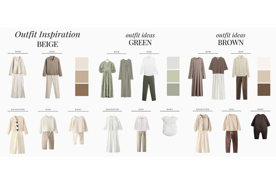 Outfit inspiration guide featuring beige, green, and brown clothing combinations for women and children on white background.