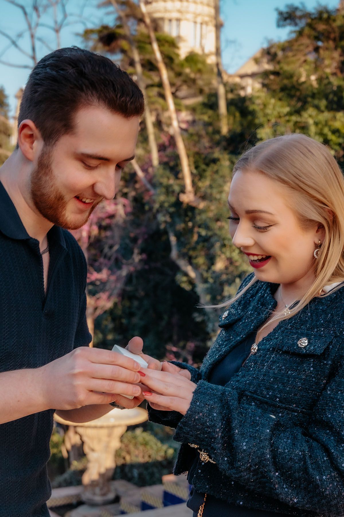 Unscripted proposal photography on the quietest upper stairs of the Jean Forestier waterfall axis.