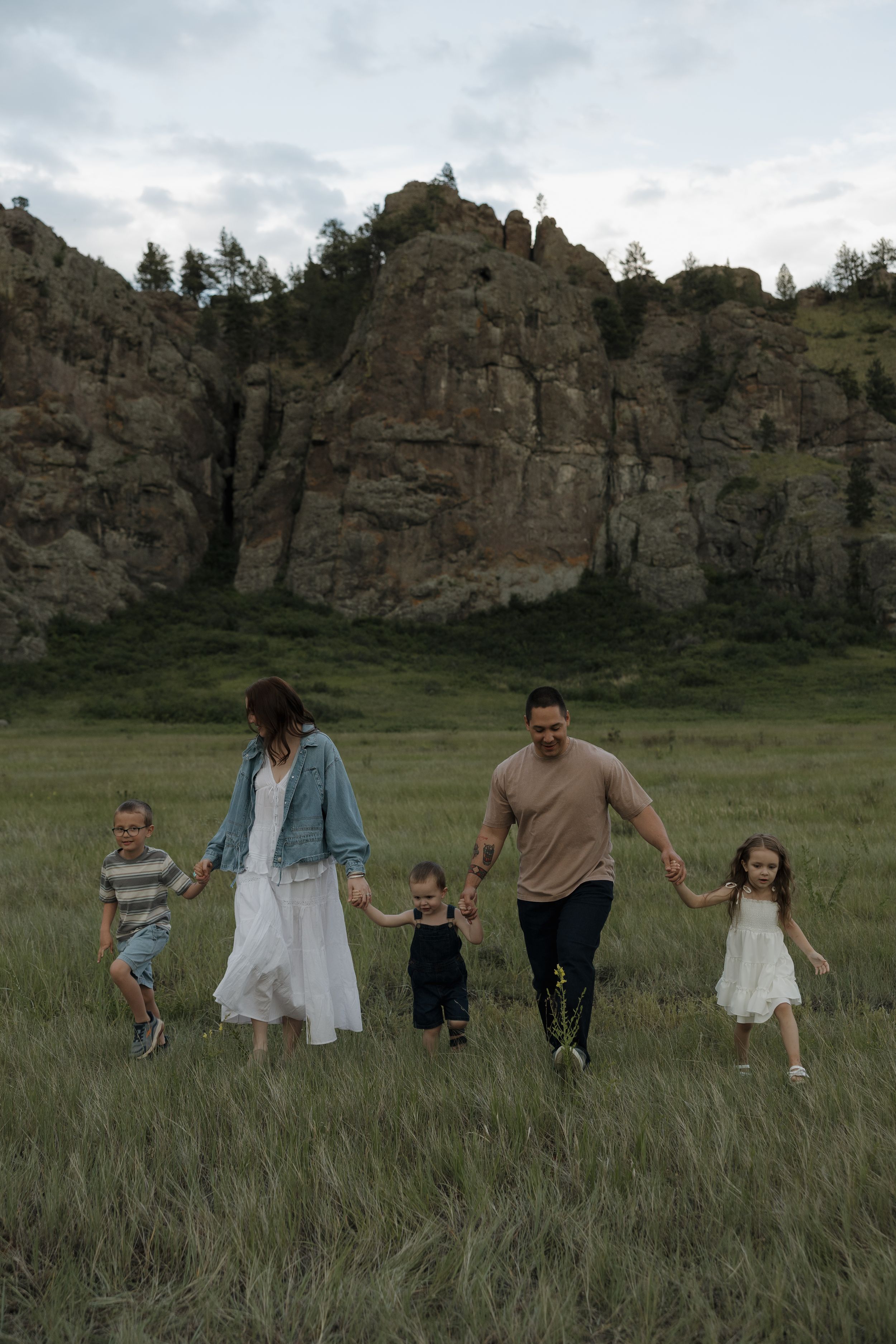 Family of five holding hands walking through green meadow with rocky cliffs and pine trees in background.