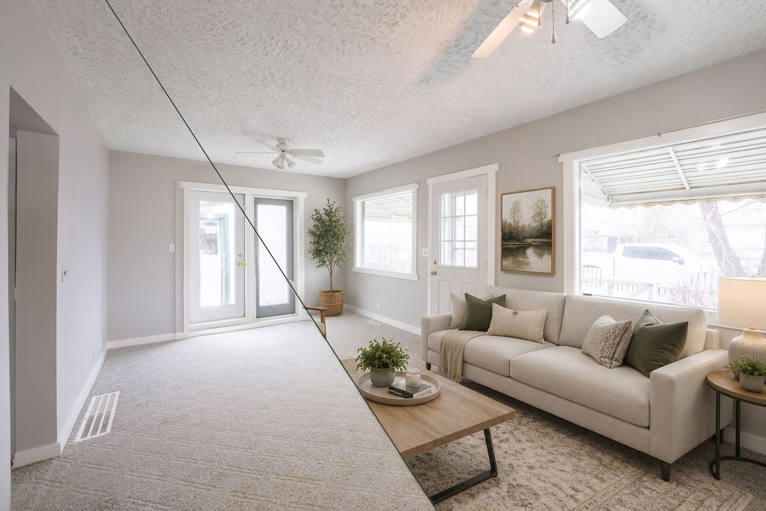 Bright living room with beige sofa, wood coffee table, ceiling fan, and large windows with natural light.