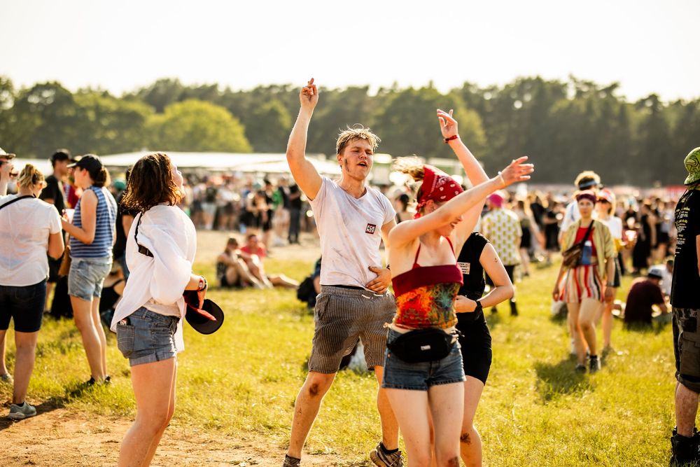 Young people dancing and celebrating in a sunny open field at an outdoor music festival.