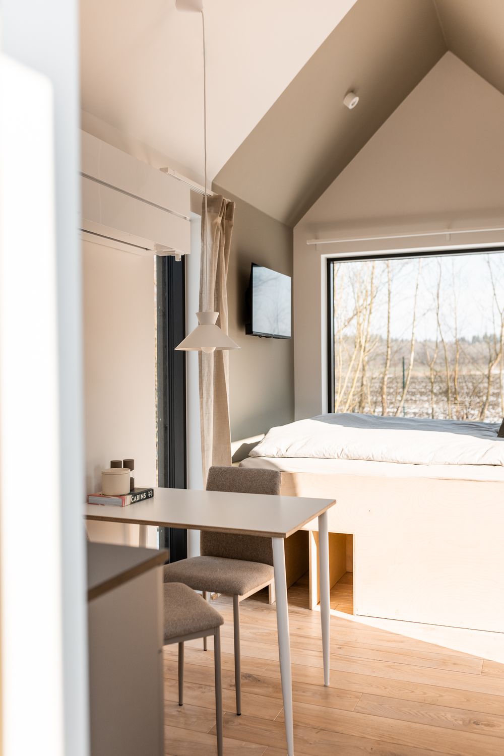 Modern tiny cabin interior with vaulted ceiling, dining table, and large window overlooking winter landscape.