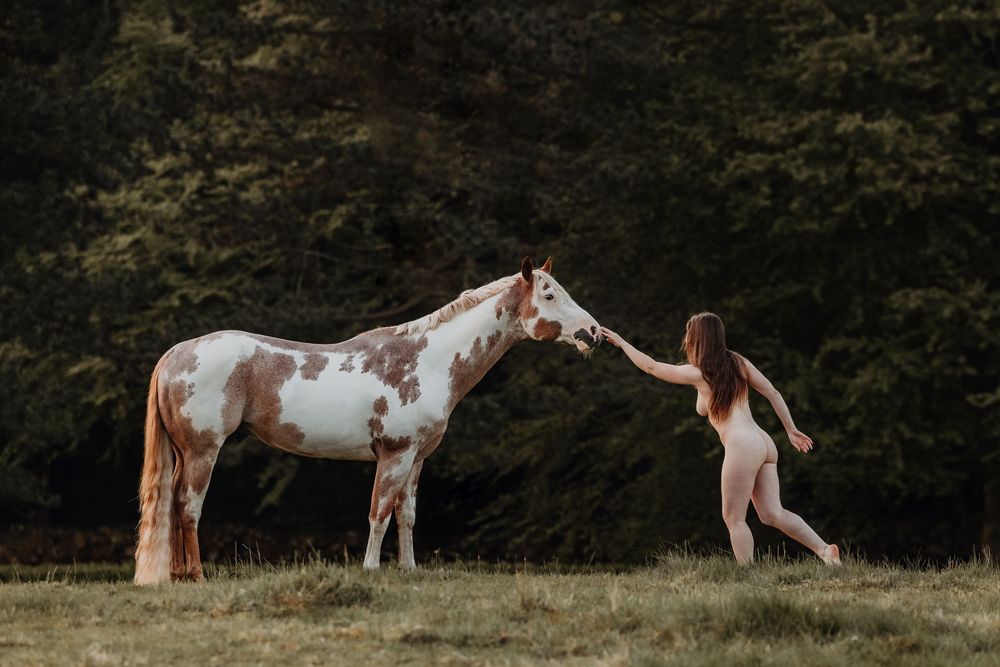 Woman in nude dress reaching out to touch a paint horse in a green forest meadow.