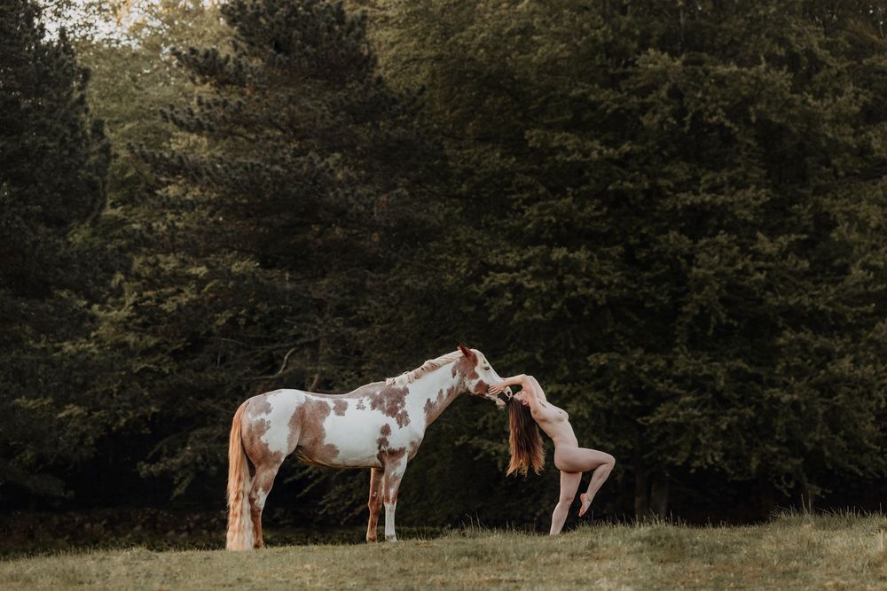 A woman leans in to kiss a brown and white paint horse in a lush green meadow surrounded by tall trees.