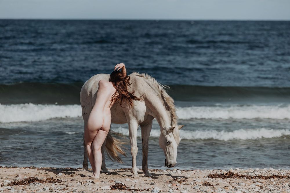 A nude person stands beside a white horse on a sandy beach with ocean waves in the background.