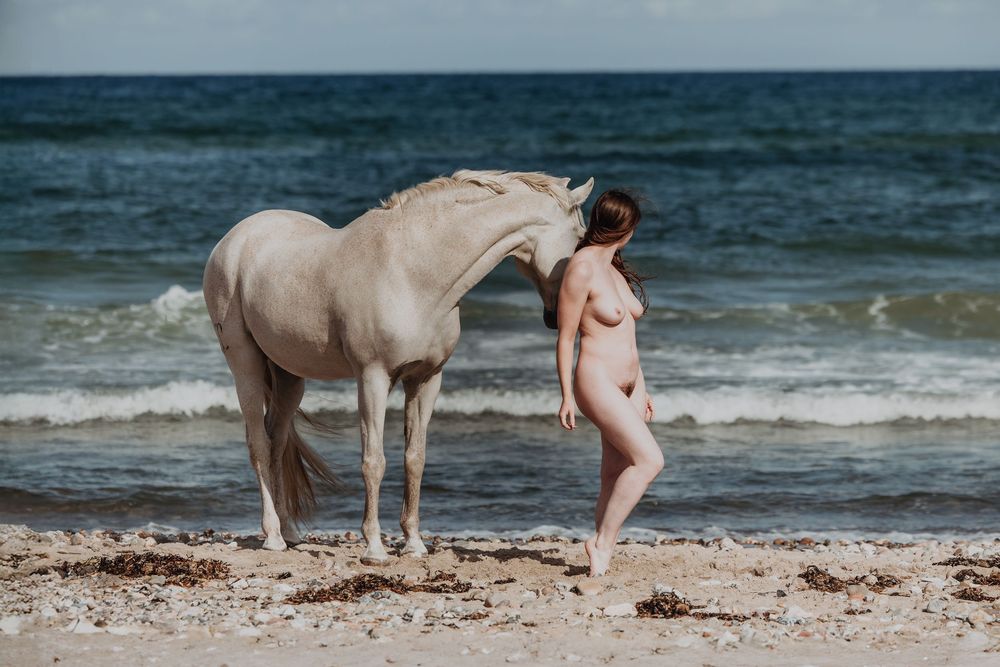 A nude woman stands beside a white horse on a sandy beach with ocean waves in the background.