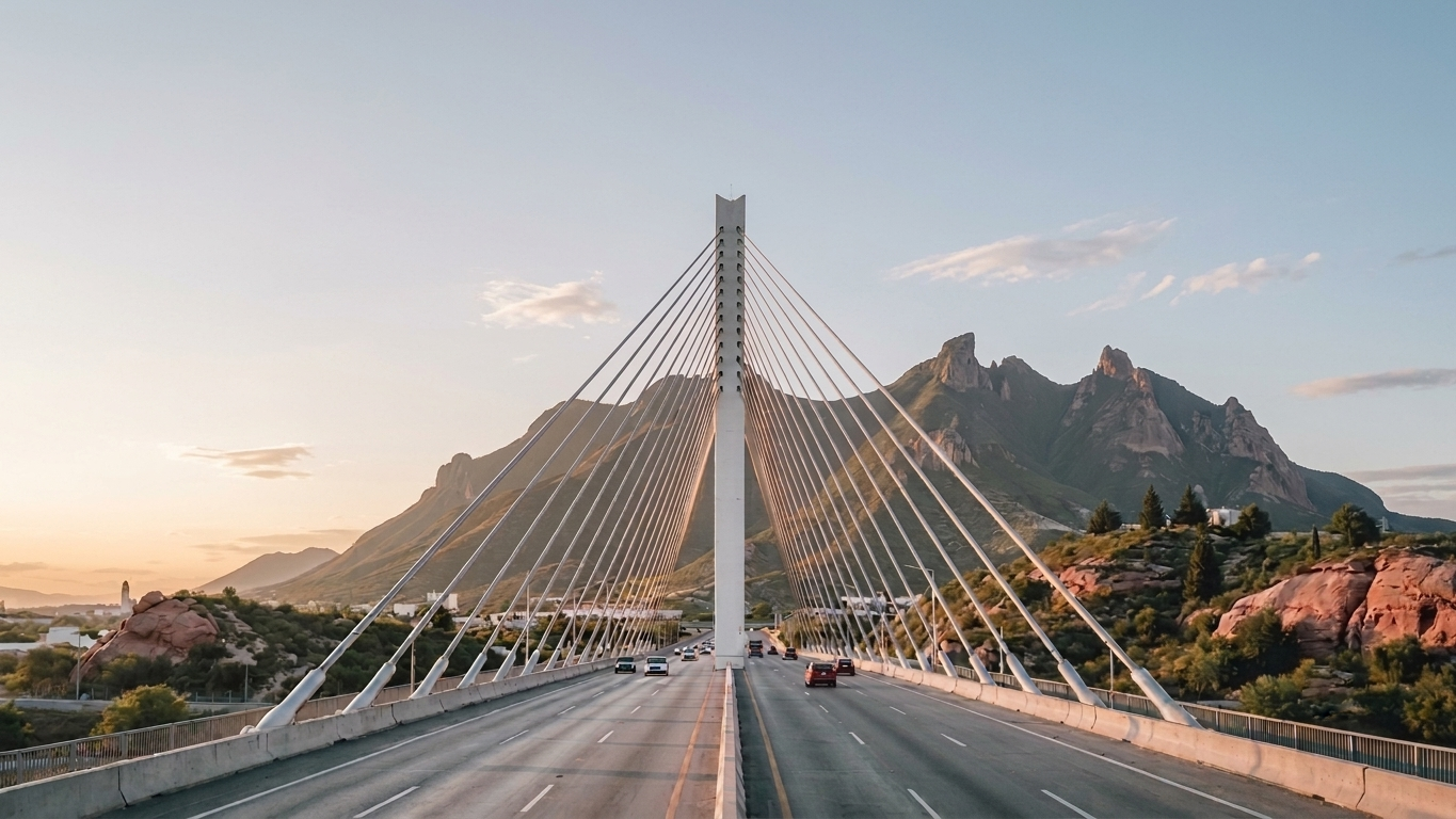 Cable-stayed bridge at sunset with dramatic mountain backdrop and light traffic on multi-lane highway.