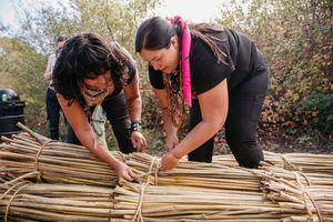 Two women sort and arrange bundles of dried tule reeds outdoors for a traditional boat-building project.