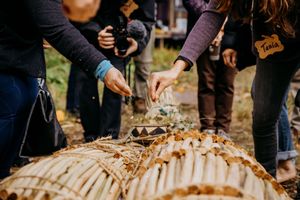 Participants place herbs and natural offerings on a ceremonial log during an outdoor cultural gathering.